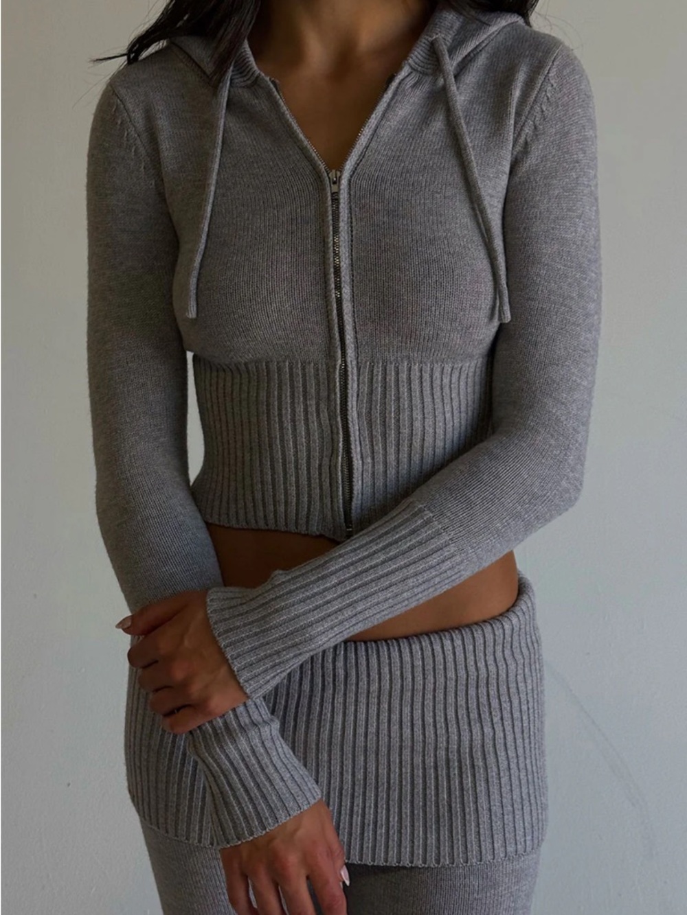 Frankie’s Bikinis Heather Gray Zip Front Knit Hoodie